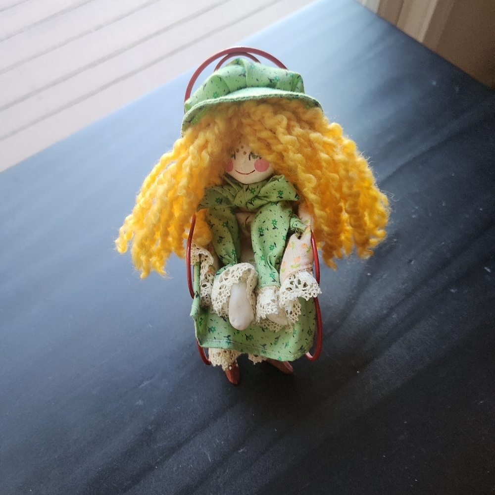 Vintage Handmade Doll with Curly Yellow Hair In Red Rocking Chair